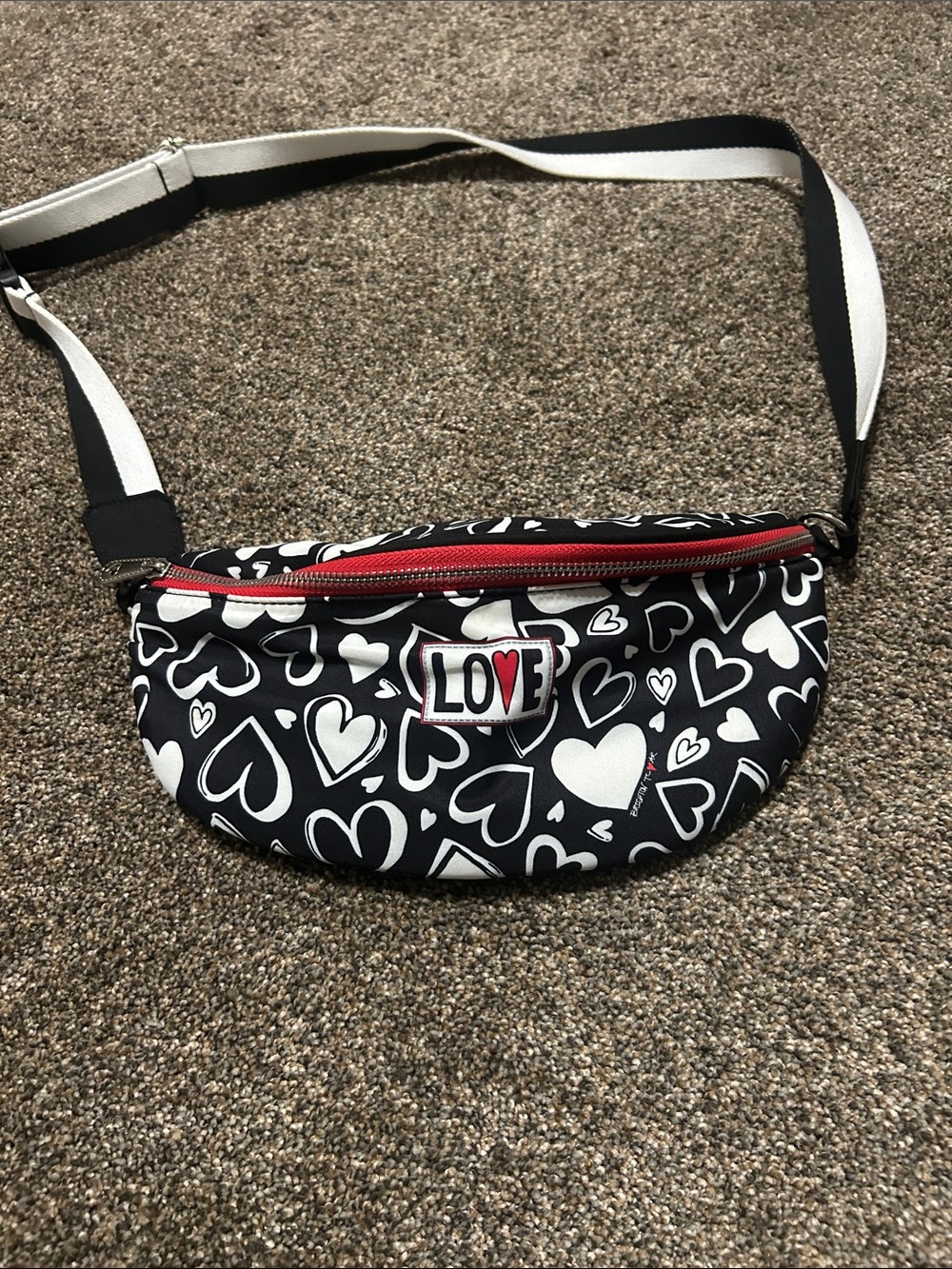 BRIGHTON LOVE Heart-Print Black & White Crossbody Belt Bag with Red Accents